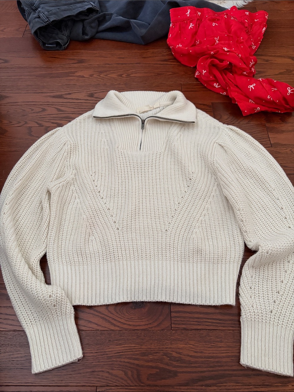 Cropped Cream Half-Zip Knit Turtleneck Sweater